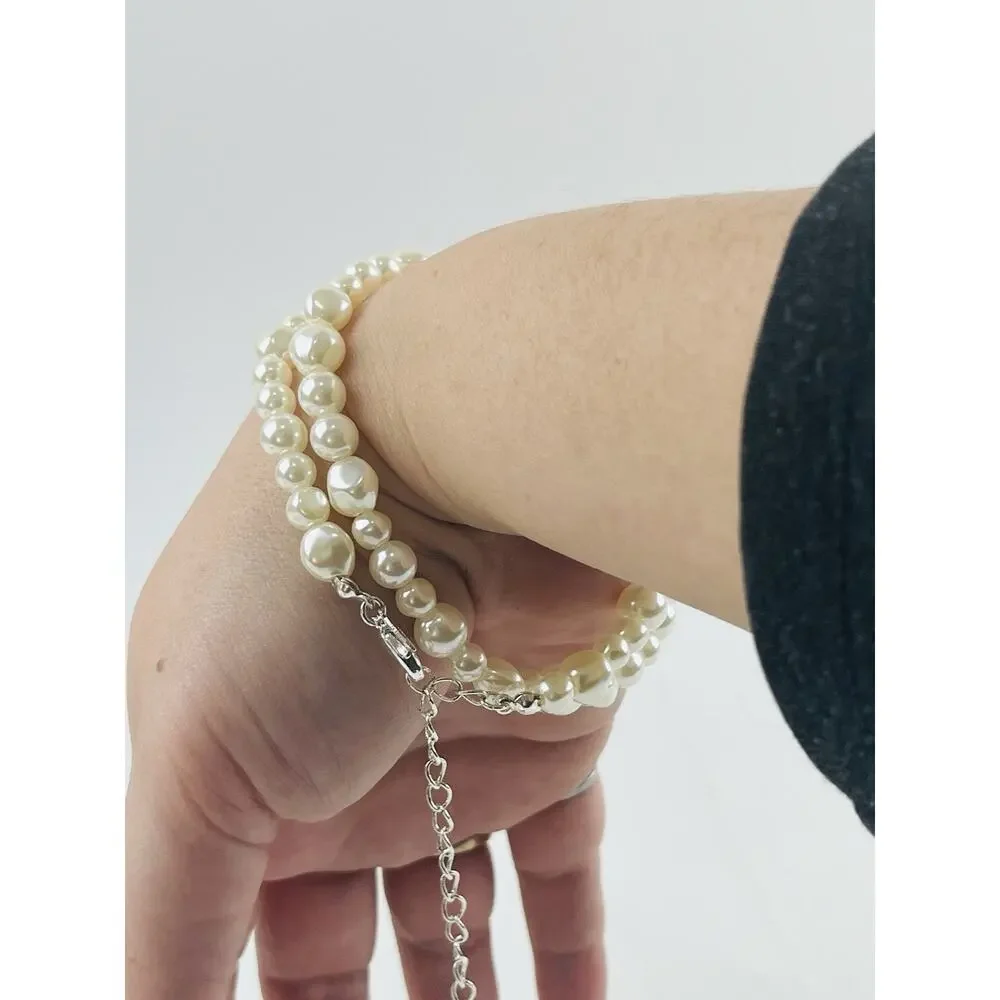 Avon SAQ Faux Pearl Necklace Silver-tone Choker Collar Could be bracelet - doubl